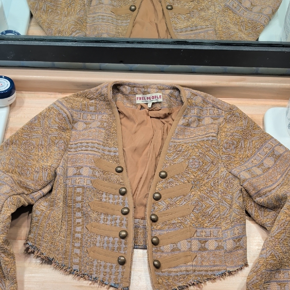 Free People Tan and Gray Patterned Blazer